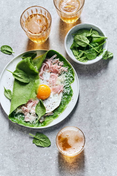 Crêpes vertes jambon, œuf, fromage