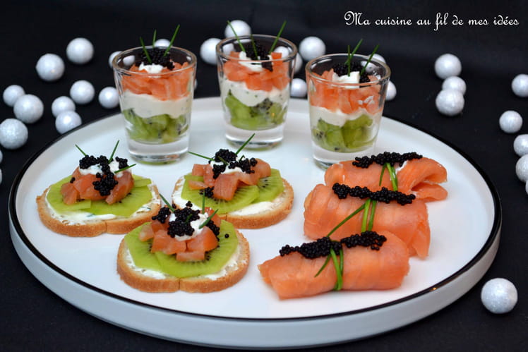 Recette de Trio de verrines, toasts et nems au saumon fumé et kiwi