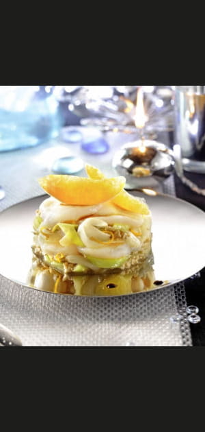 Saint-Jacques aux poireaux, tofu et zestes d'orange