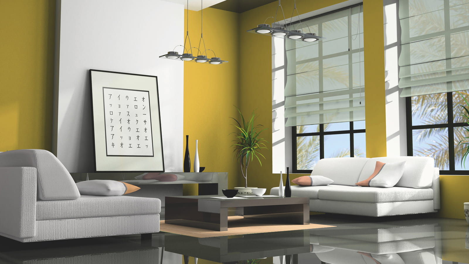 Salon jaune et blanc contemporain