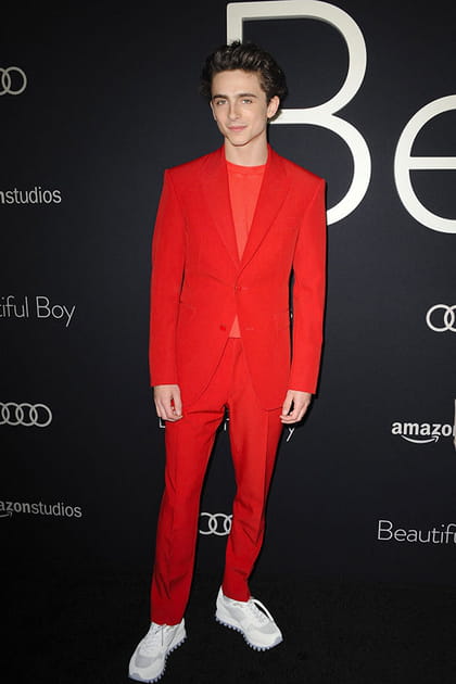 Timothée Chalamet en costume rouge Louis Vuitton