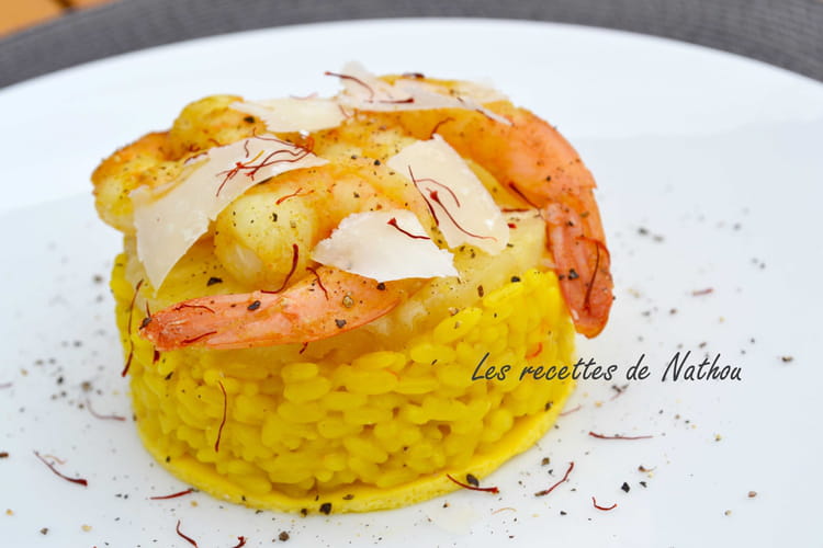 Recette de Risotto jaune aux gambas et ananas sur lit d'omelette