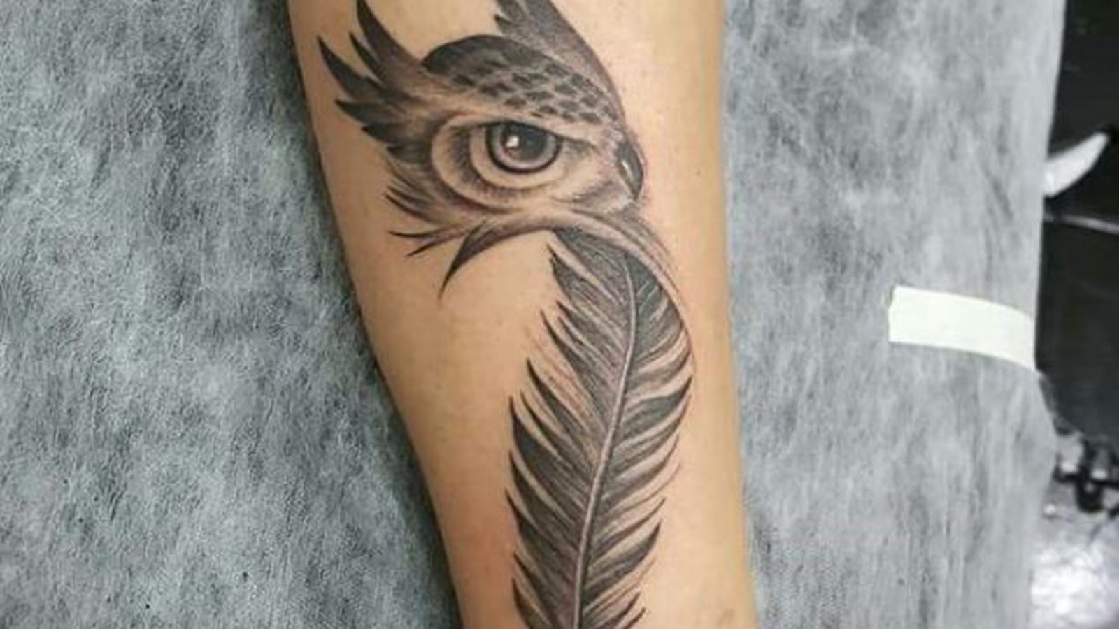 Tatouage plume et hibou sur le mollet