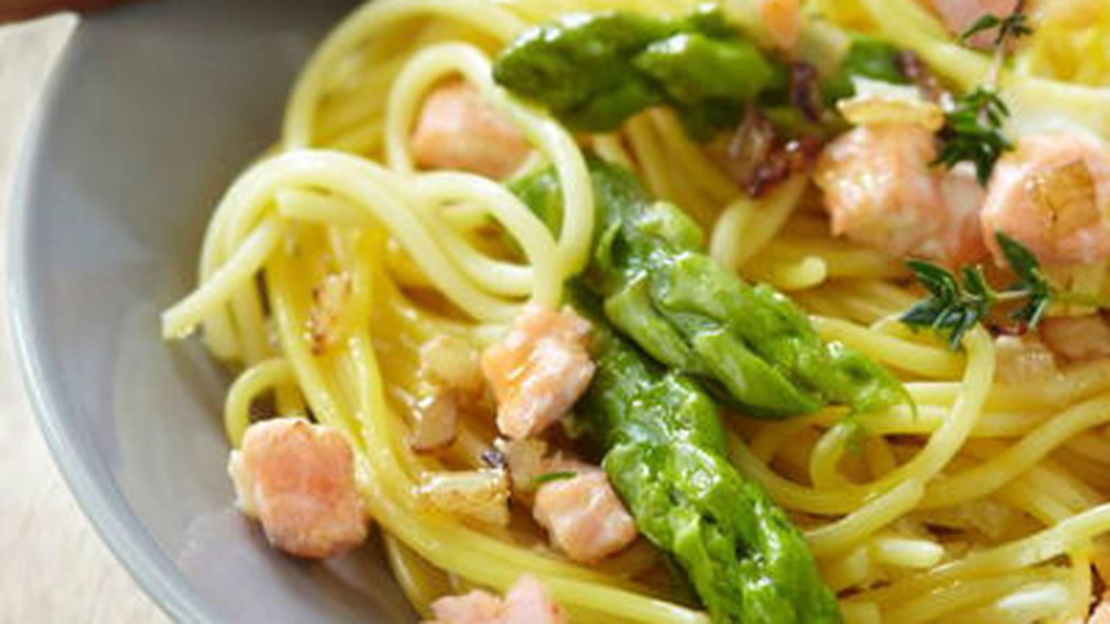 Spaghettis printaniers aux asperges vertes et saumon sans gluten