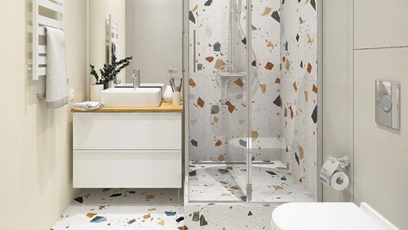 Un mur de douche en terrazzo