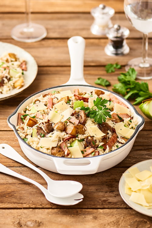 poêlée de riz au rôti de porc, pommes de terre et champignons