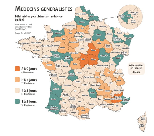 Carte des délais médians pour obtenir un rendez-vous chez un médecin généraliste par département