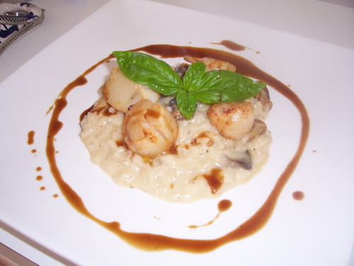 Risotto, Saint-Jacques poêlées et jus au lard