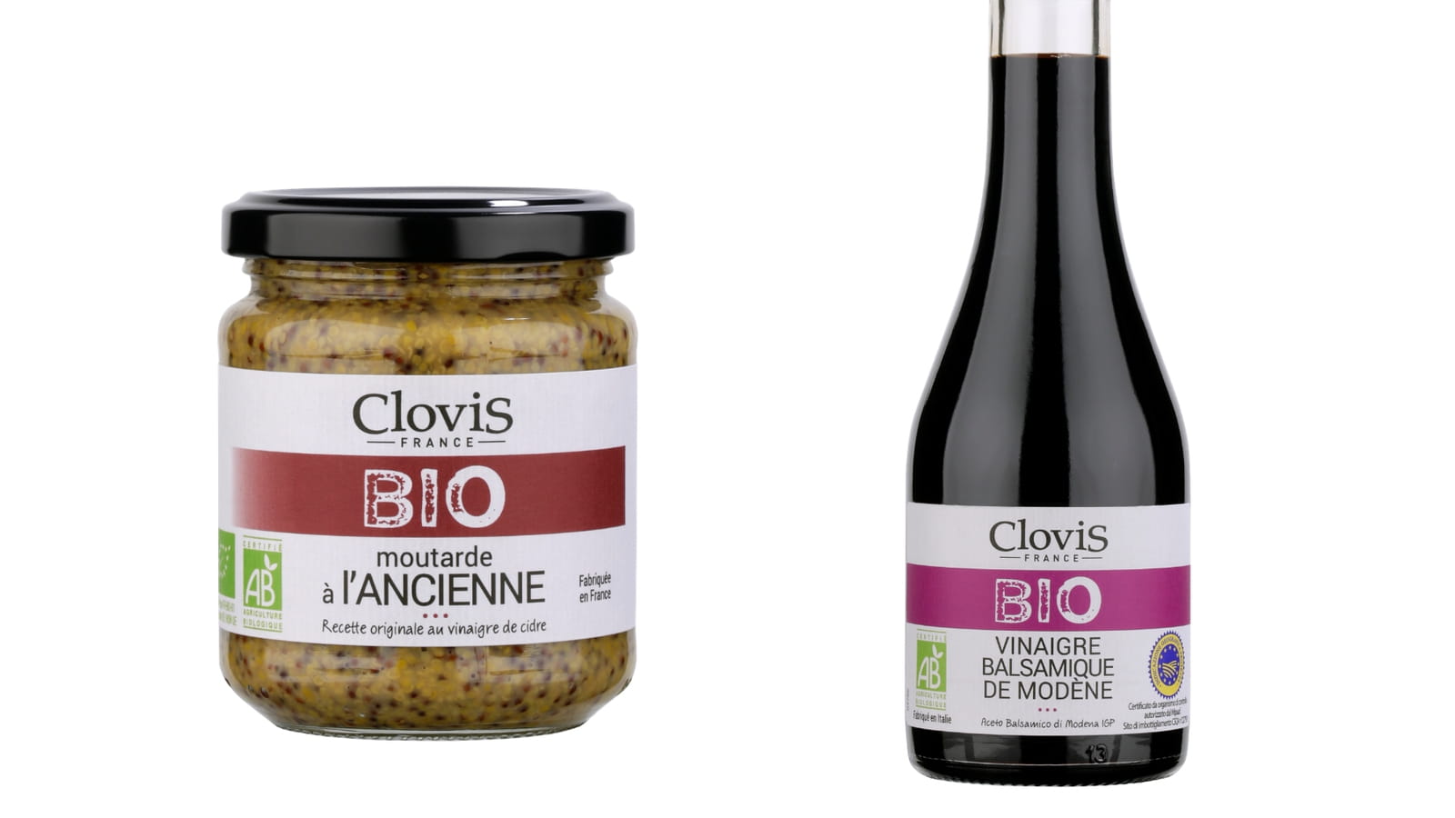 La moutarde à l'ancienne et le vinaigre balsamique bio Clovis