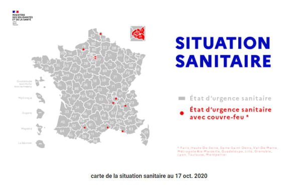 Carte des villes de france en état d'urgence et avec un couvre-feu au 17 octobre