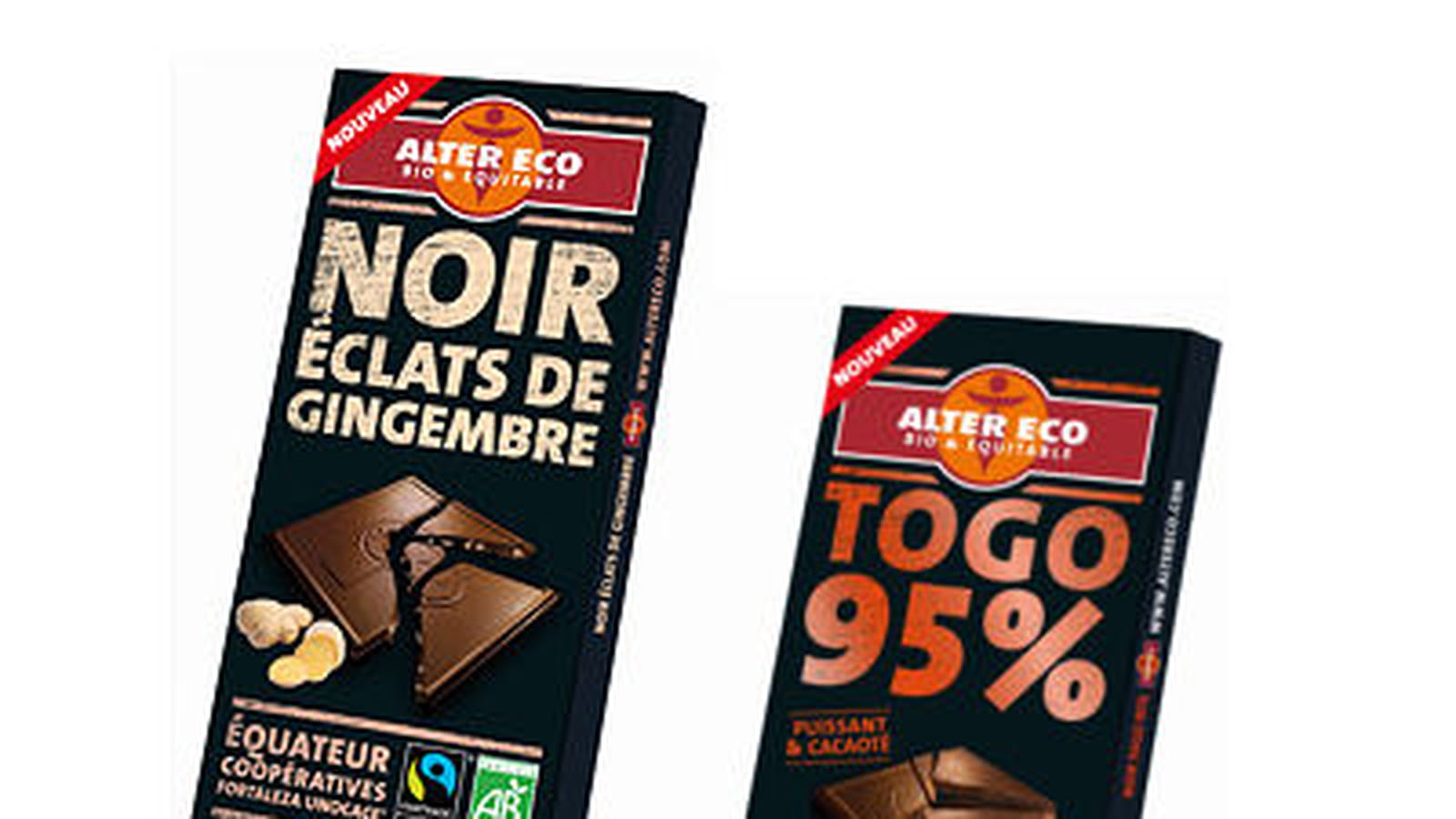 Tablette Togo 95 % et Noir éclats de gingembre d'Alter Eco 
