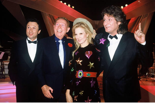 Michel Drucker, Charles Trenet, Sylvie Vartan, Patrick Sébastien, en 1992