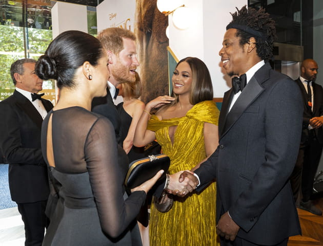 Le prince Harry et Meghan Markle rencontre Beyonc&eacute; et Jay-Z &agrave; la premi&egrave;re du "Roi Lion", 14&nbsp;juillet 2019.