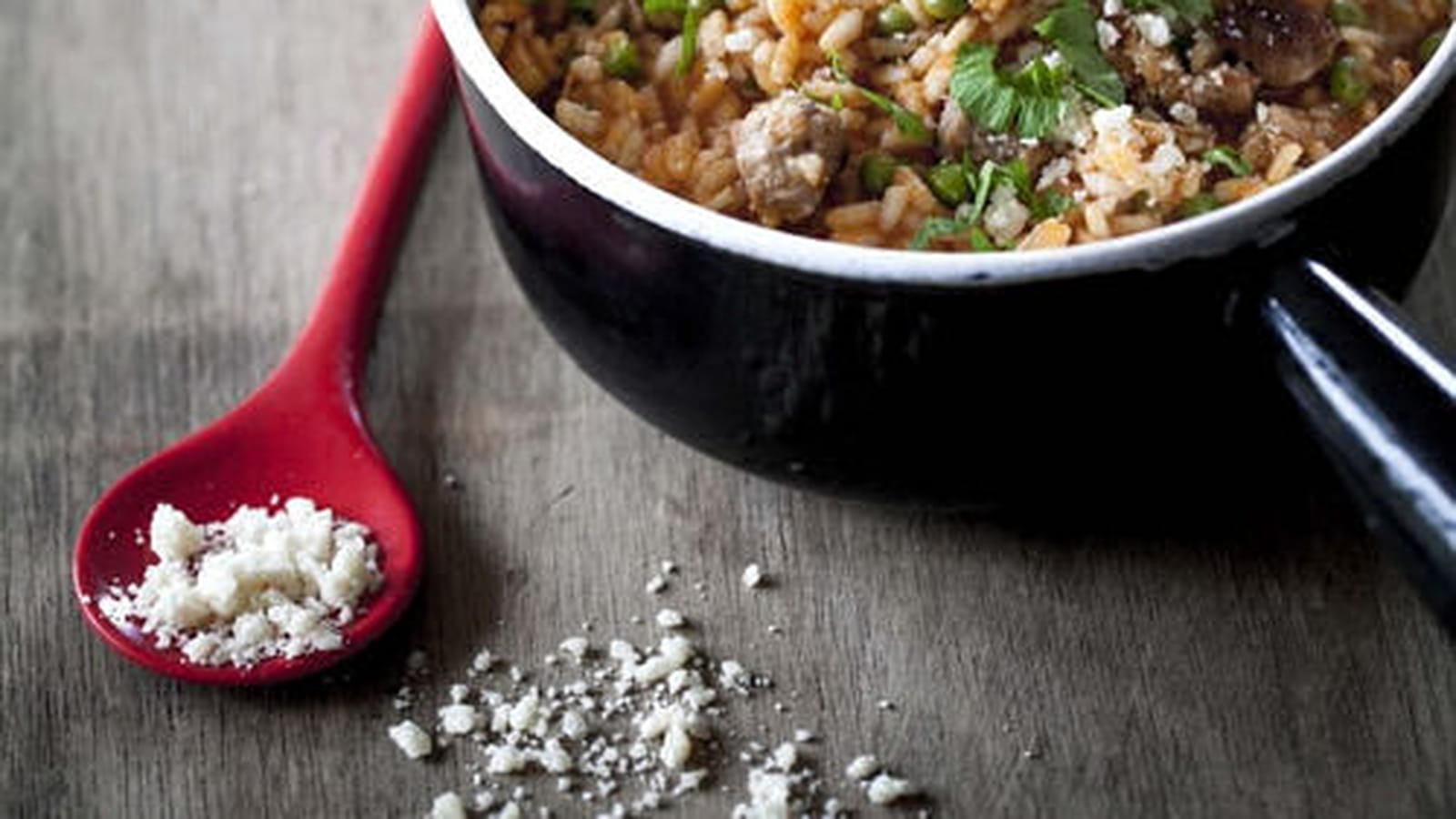 Risotto au Tomacouli®, saucisse et petits pois