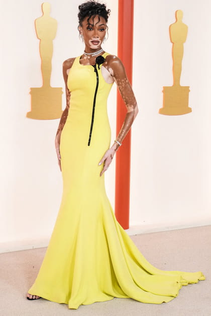 Winnie Harlow en robe jaune à traîne Armani Privé vintage