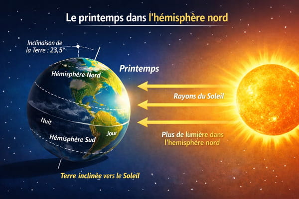 Schéma montrant l’inclinaison de la Terre sur son axe et l’orientation progressive de l’hémisphère nord vers le Soleil au printemps