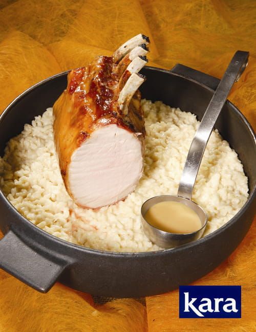 Carré de porc au caramel de coco et risotto