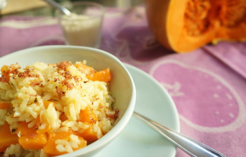 Risotto de potiron et poudre de lard croustillante
