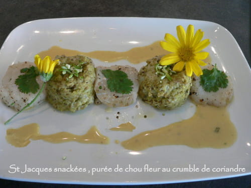 St jacques purée chou fleur, crumble de coriandre