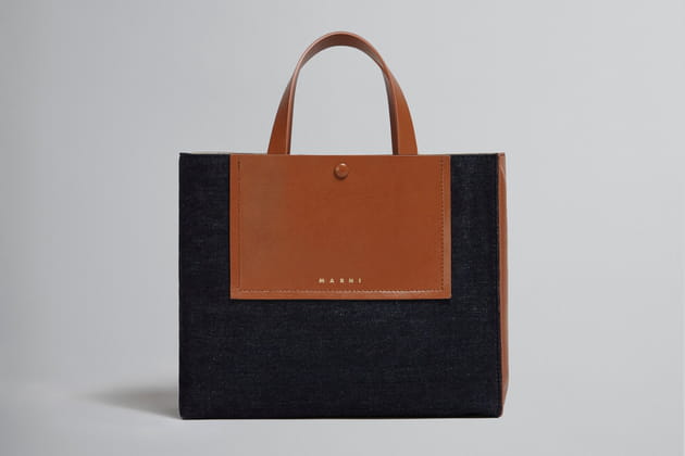 Sac &agrave; main en denim et cuir