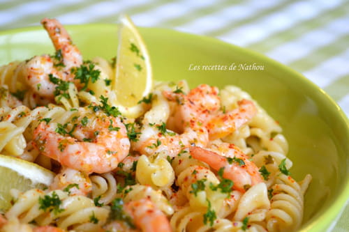 Spirelli aux scampis marinés au citron, à l'ail et piment d'Espelette