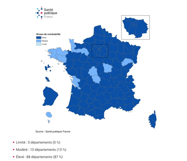 Niveau de vulnérabilité par département et évolution, France, au 8 octobre 2020