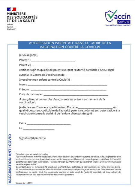attestation autorisation parentale vaccination covid