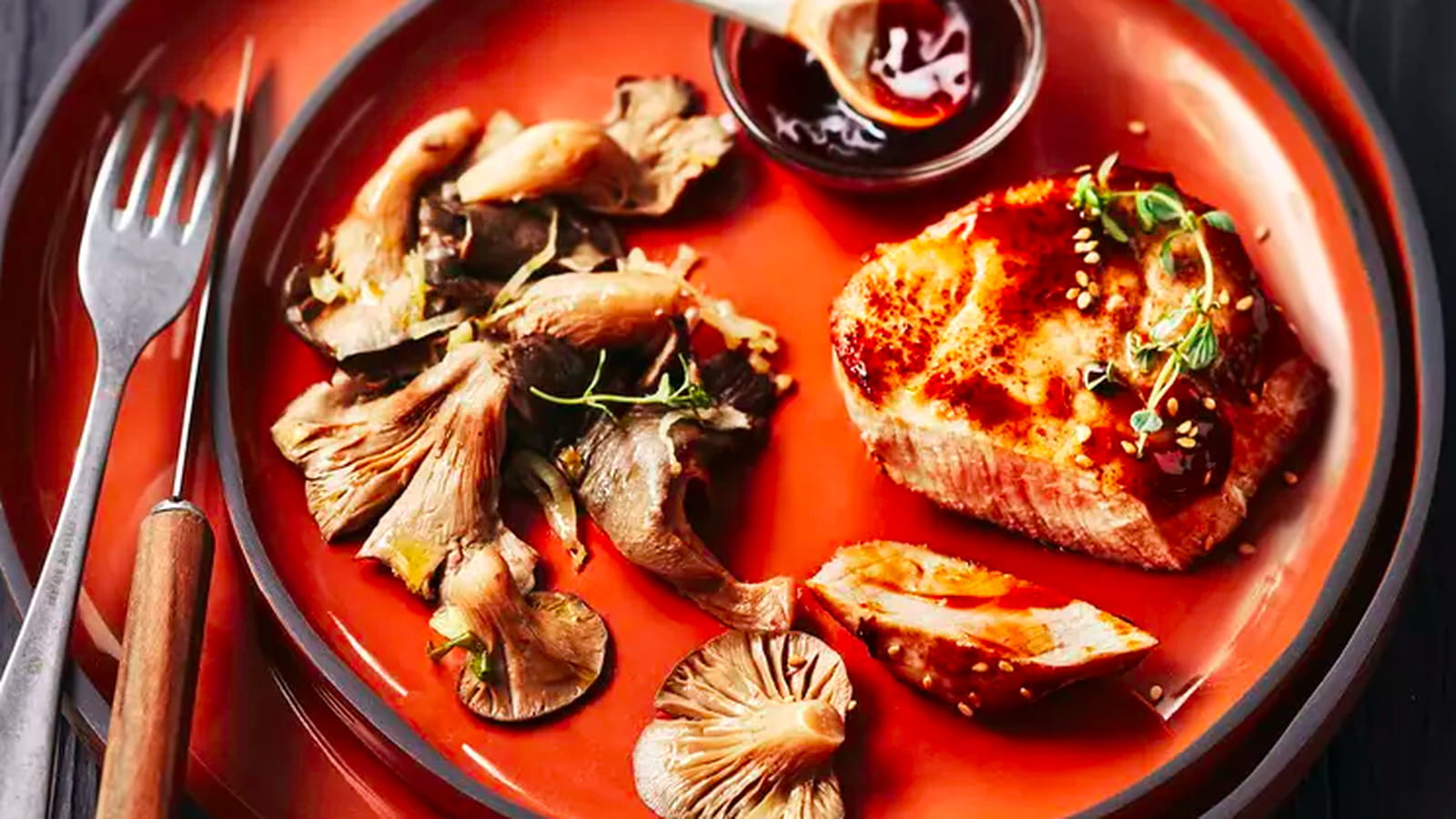 Pavés de veau sauce teriyaki, pleurotes et endives braisées