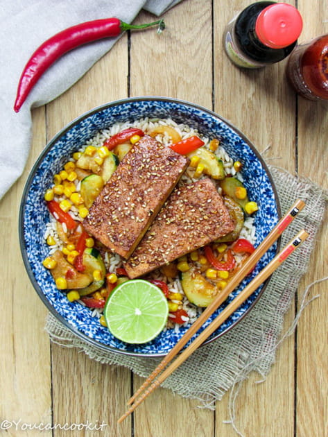 Tofu &eacute;pic&eacute; et son riz de l&eacute;gumes