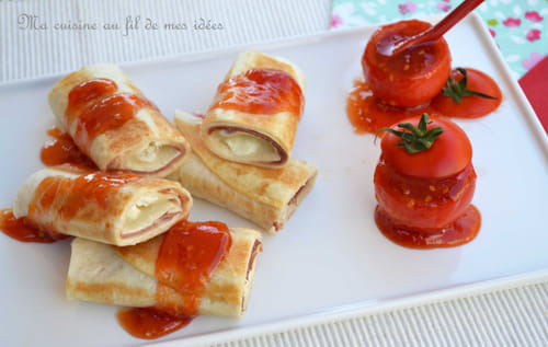 Wraps au fromage de chèvre, jambon fumé Ganda et confiture de tomates