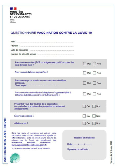 modèle questionnaire vaccination covid centre de vaccination