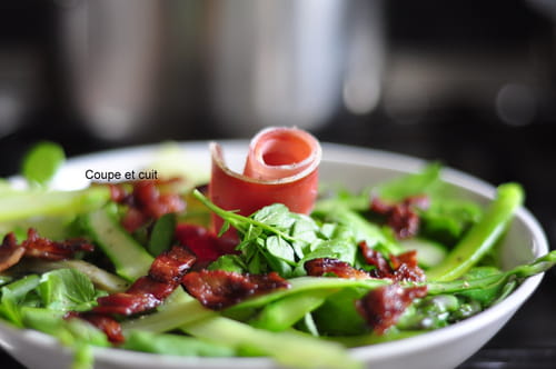 Cressonnade aux asperges, jambon cru et lard