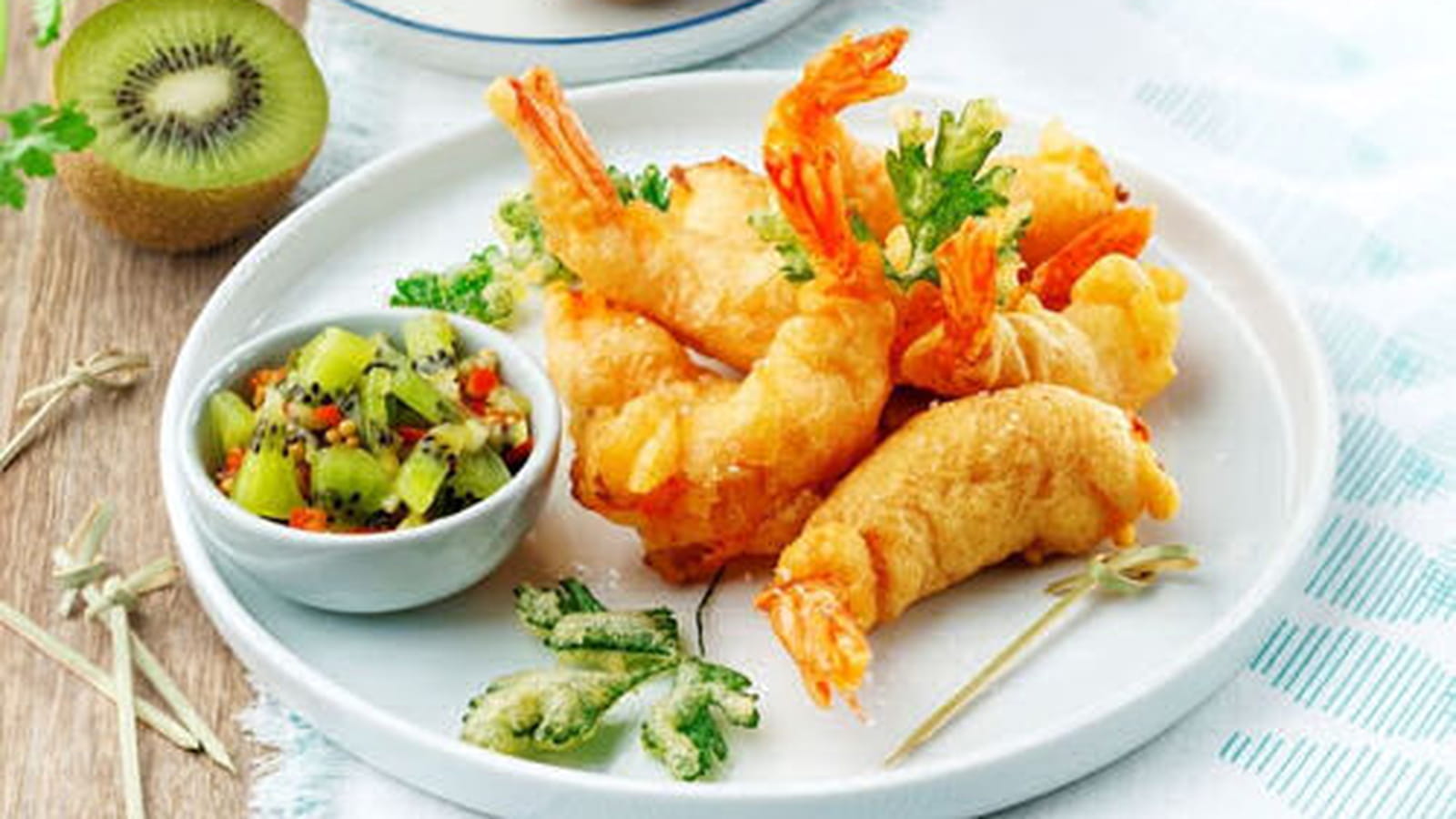 Tempura de gambas et chutney de kiwi Oscar