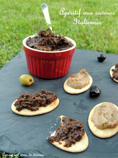 Dips d'olives noires et caviar d'aubergines aux tomates séchées et anchois