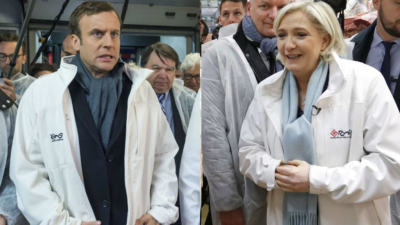 Marine Le Pen et Emmanuel Macron sur le marché à Rungis