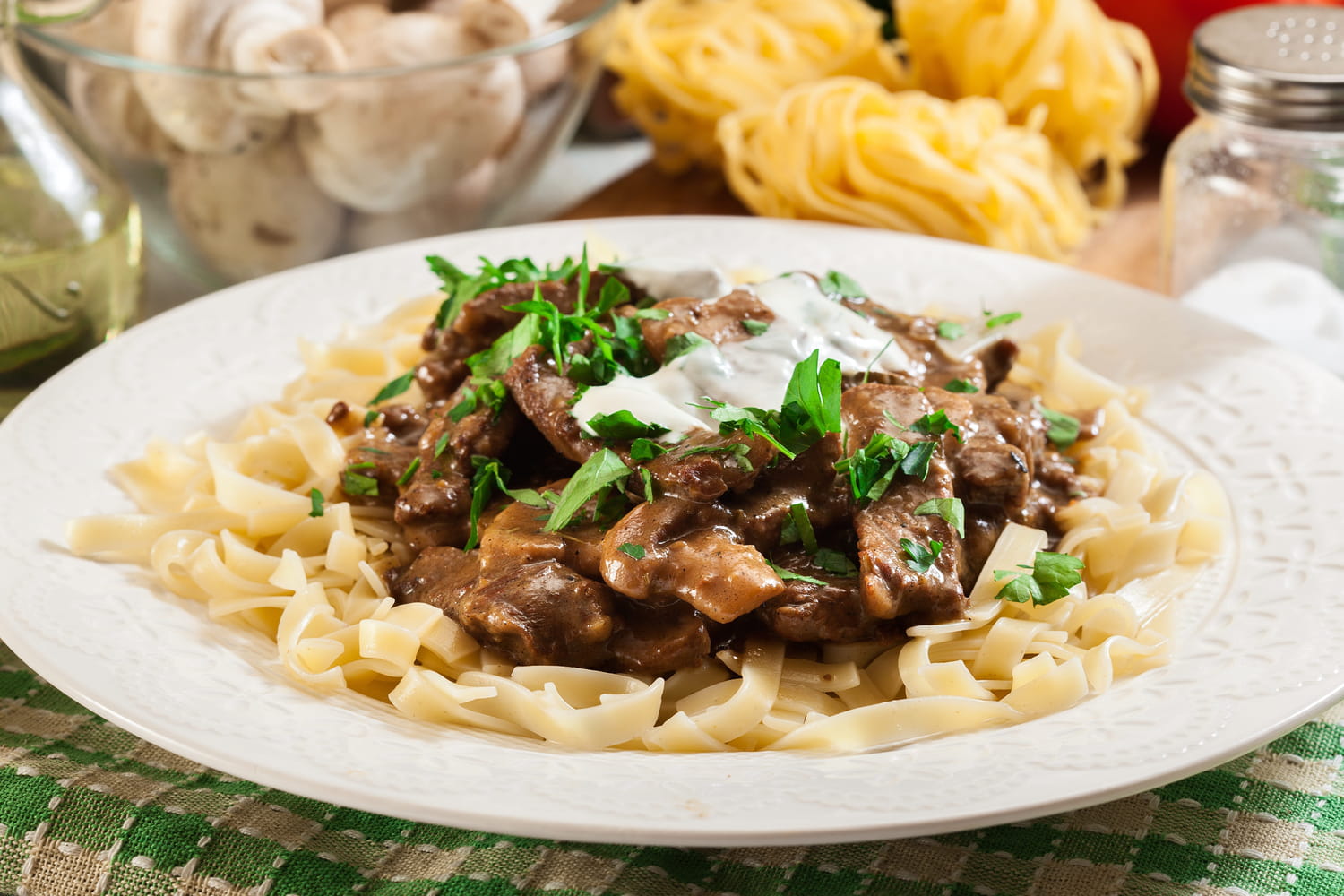 Creamy beef and mushroom stroganoff served over pasta