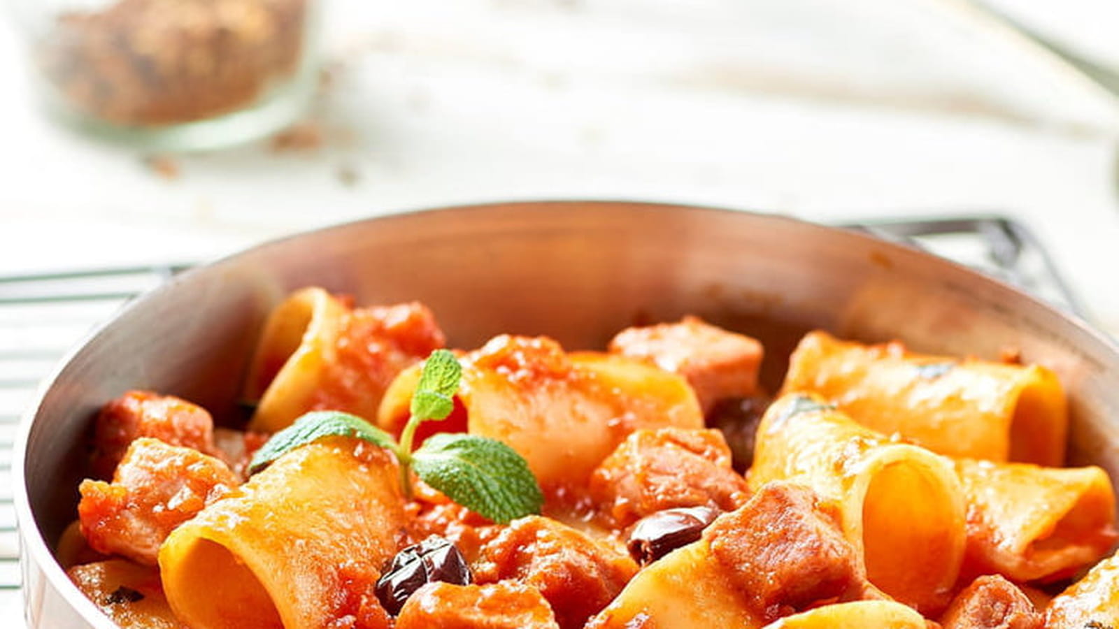 Paccheri au thon, Polpa Datterini & Olives noires
