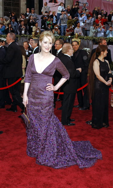 Meryl Streep en robe longue violette brod&eacute;e de fleurs paillet&eacute;es Rogelio Velasco