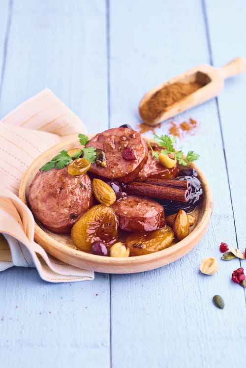 Tajine sucré-salé saucisse de Morteau et fruits secs
