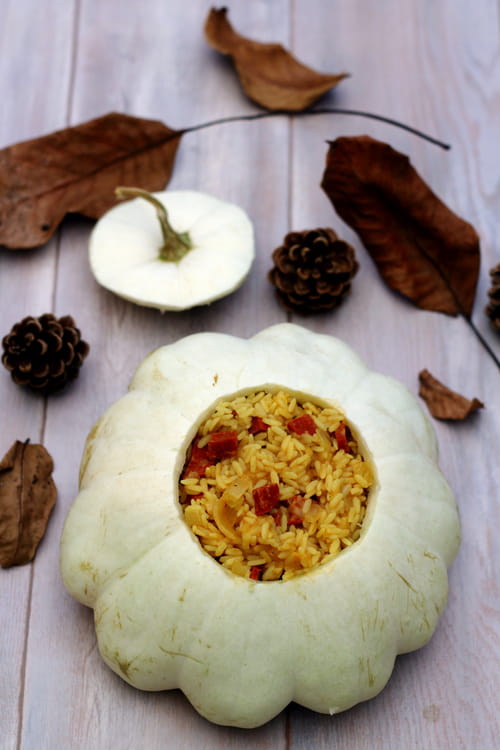 Pâtisson au riz pilaf parfumé au curry et chorizo