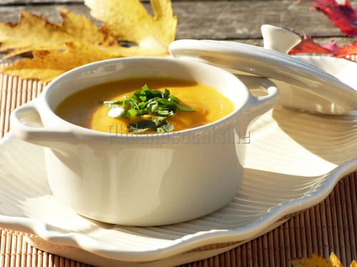velouté de carotte et de courge au lait de coco, gingembre et curry