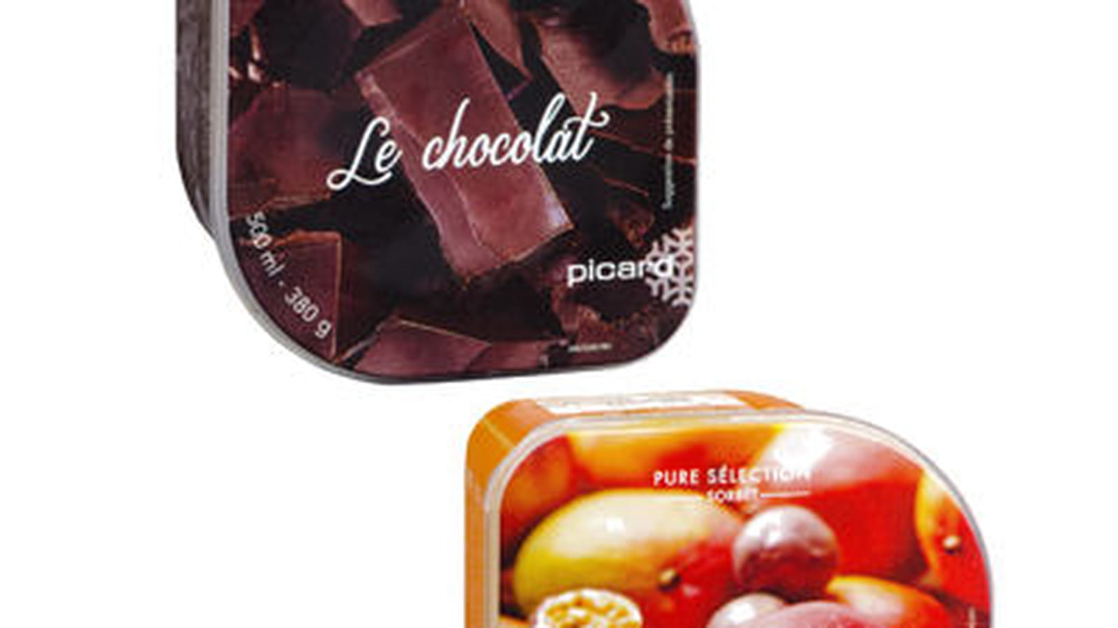 Crème glacée chocolat et sorbet mangue de Picard
