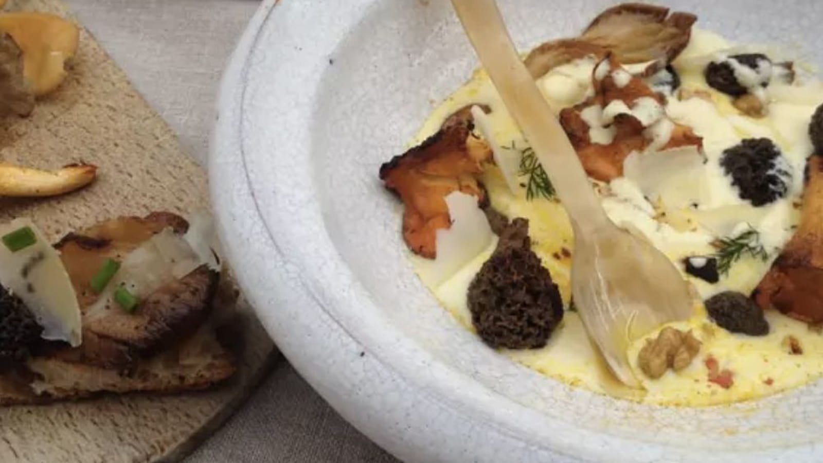 Velouté d’AOP Ossau-Iraty au vin jaune du Jura, poêlée de girolles et morilles
