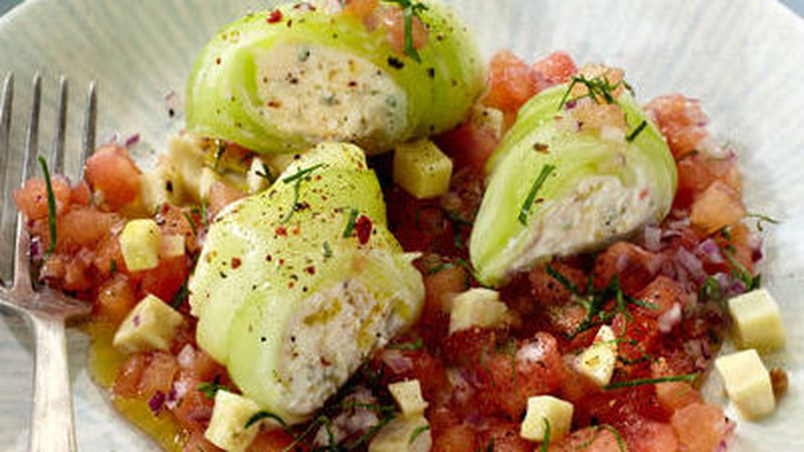 Cannelloni de feta, tartare de tomates et champignons