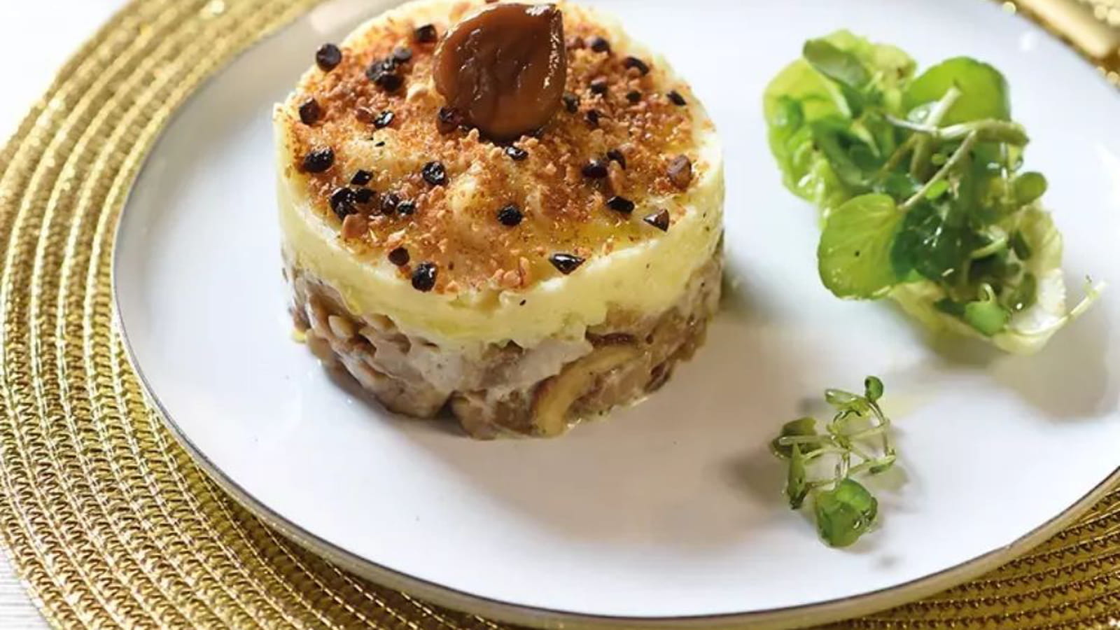 Parmentier de Chérie, châtaignes et cèpes au grue de cacao