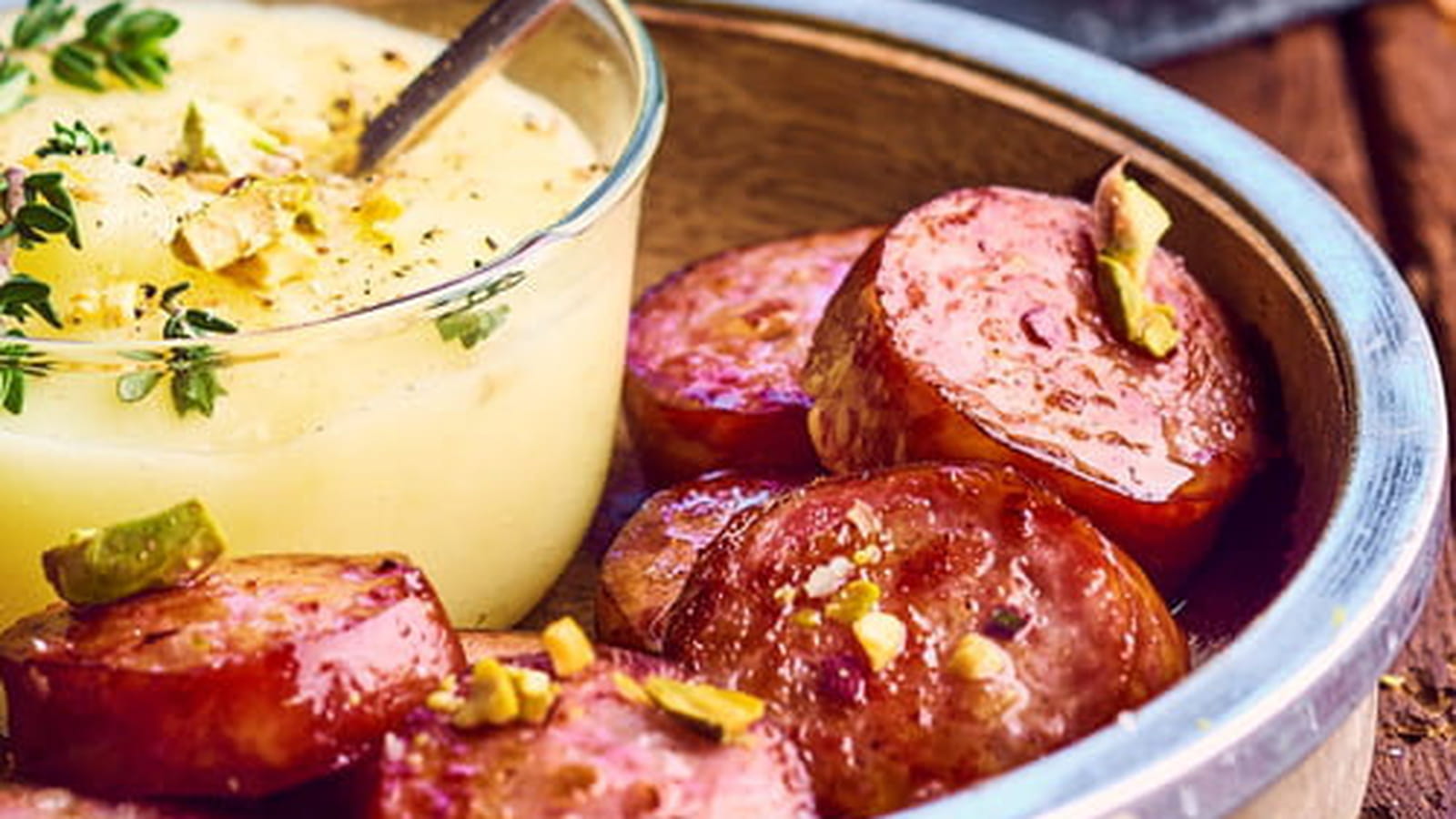 Saucisses de Montbéliard à la pistache et purée de panais