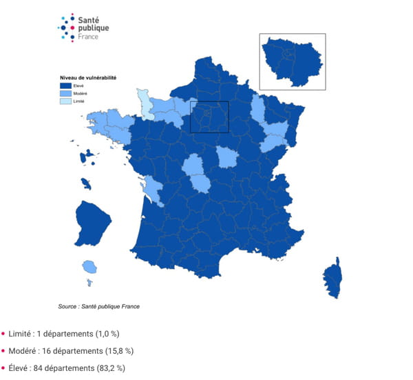 Niveau de vulnérabilité par département et évolution, France, au 8 octobre 2020