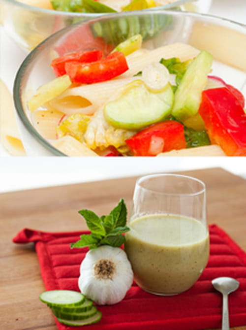 Soupe froide de concombre & menthe accompagnée de sa salade froide de penne