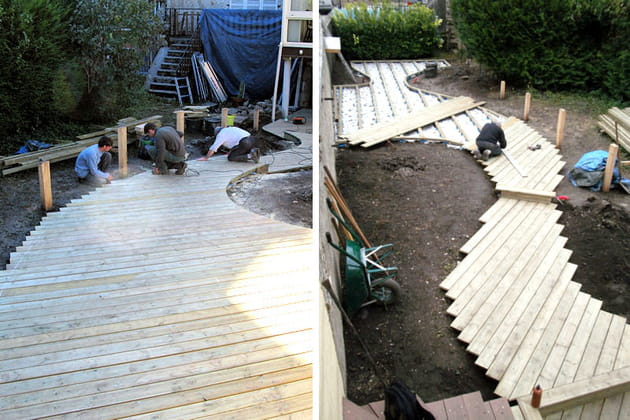 La pose des lattes en bois