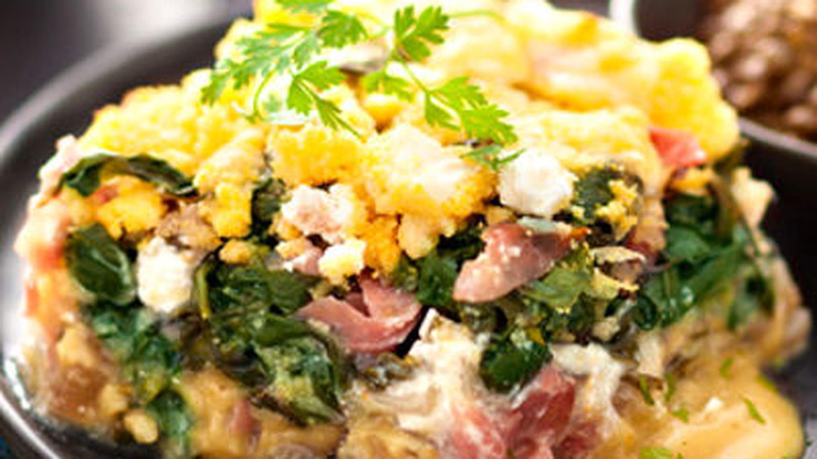 Gratin de blettes, chèvre frais, Bresaola